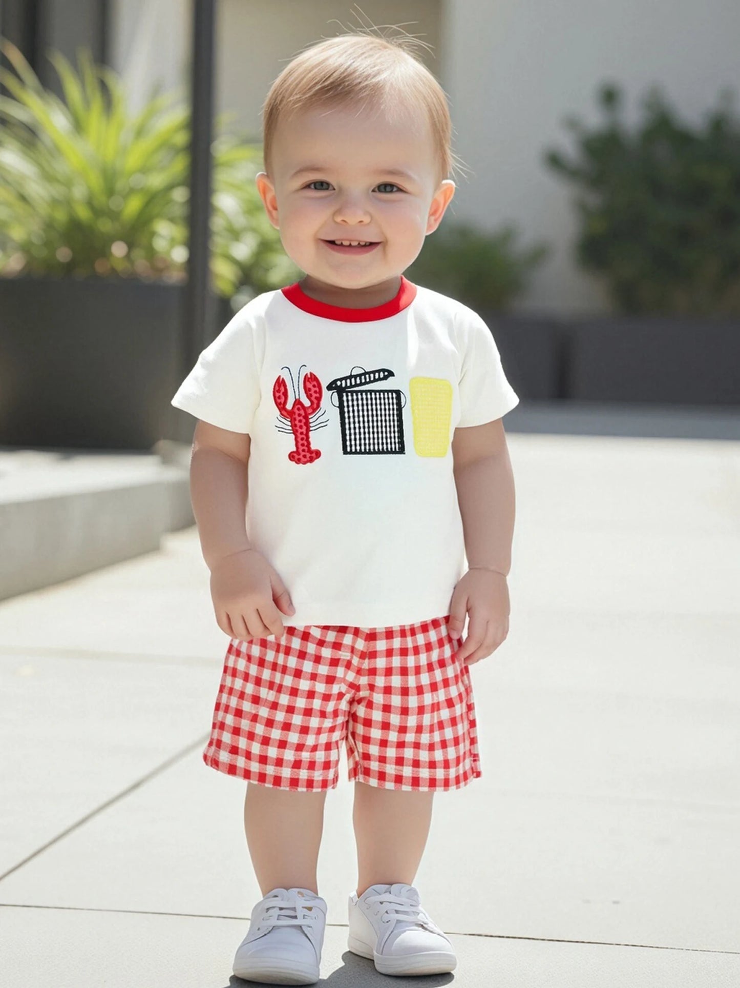 Adorable Infant Boy Beachwear Set with Cute Crab Applique Tee and Checkered Shorts for Sunny Days Outfits
