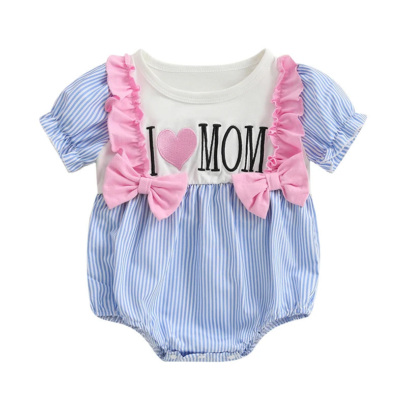 Adorable Baby Girls Rompers with Cute Letter Embroidery and Striped Design Featuring Round Neck and Short Sleeves - Stylish
