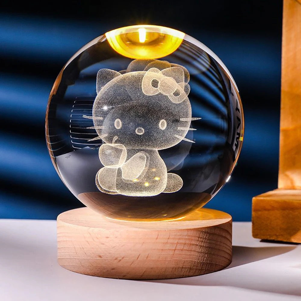6CM 3D Crystal Ball Night Light Decoration Sanrio Kuromi Hello Kitty Children's Night Lamp Action Figure Glow Toy Birthday Gift