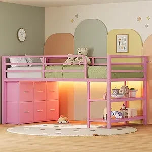 Low Loft Bed with 6 Storage Drawers, Twin Loft Bed with LED Lights