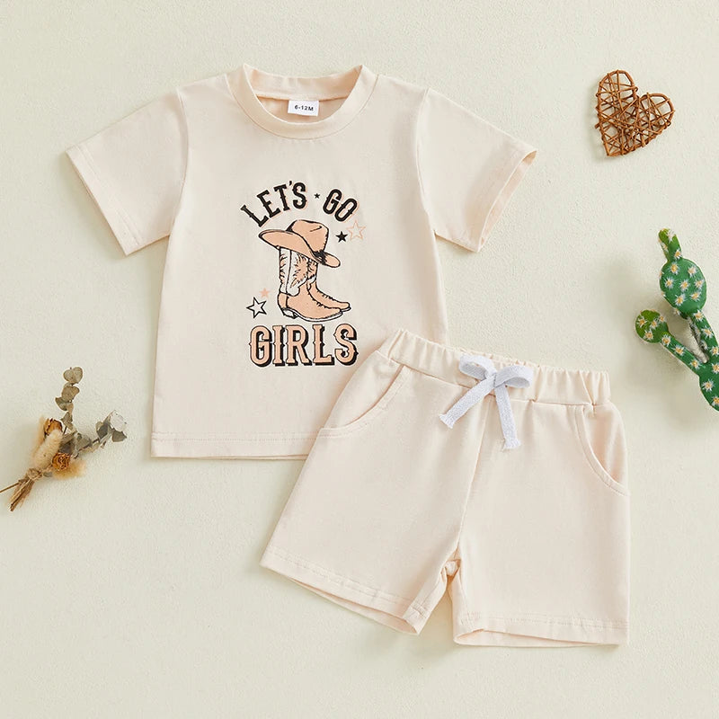 Girls Shorts Set Short Sleeve Crew Neck T-shirt with Shorts