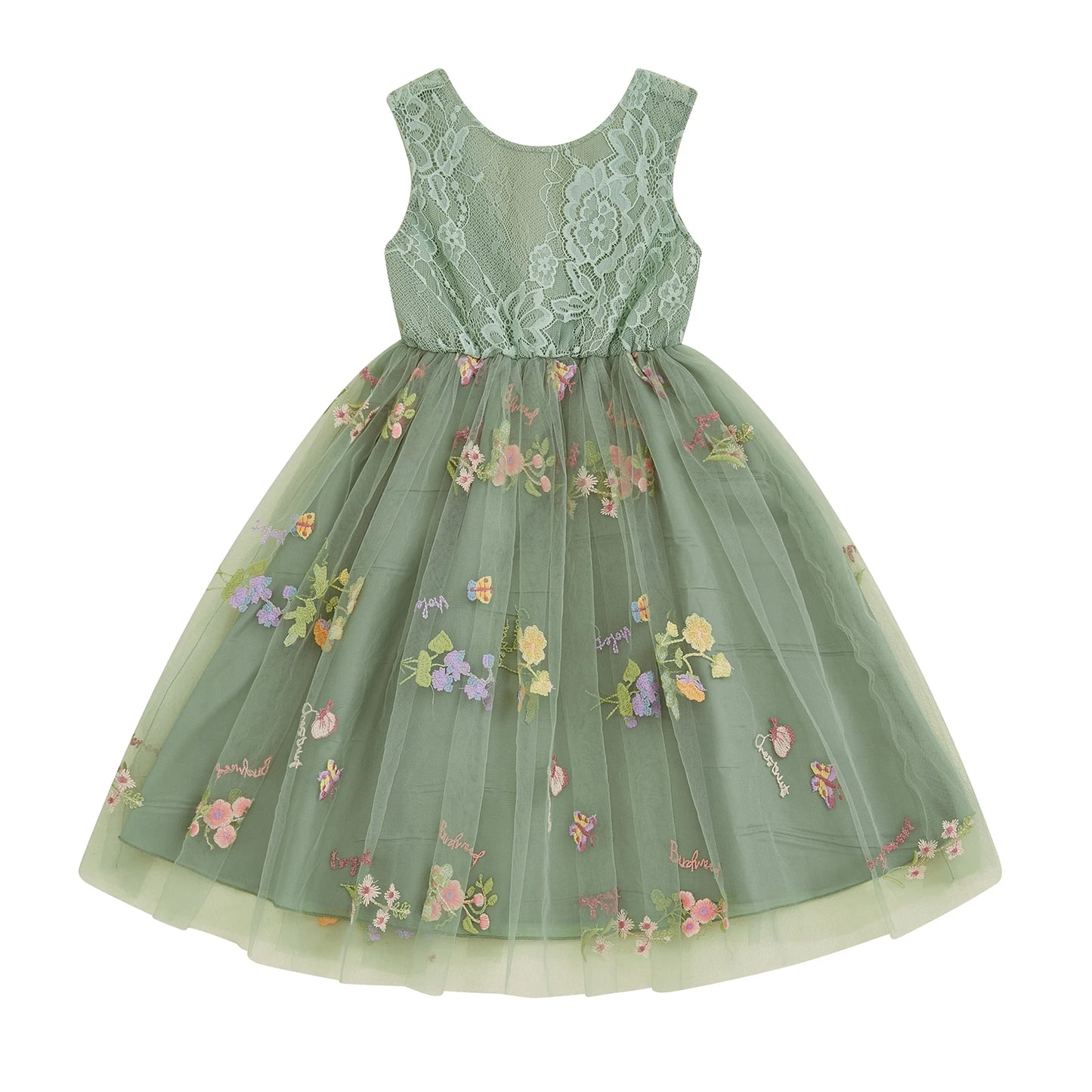 Kids Girl Tulle Dress Sleeveless Round Neck Floral Embroidery Dress