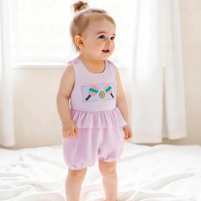 Toddler Girls Polka Dot Romper Sleeveless Round Neck Pickleball Embroidered Jumpsuit Overall Summer Outfit