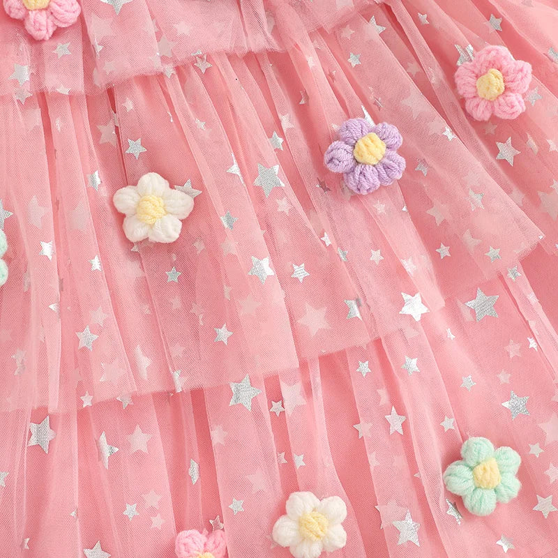 Kids Girls Dress Flower Decor Sequins Star Sleeveless Layered Casual Dress