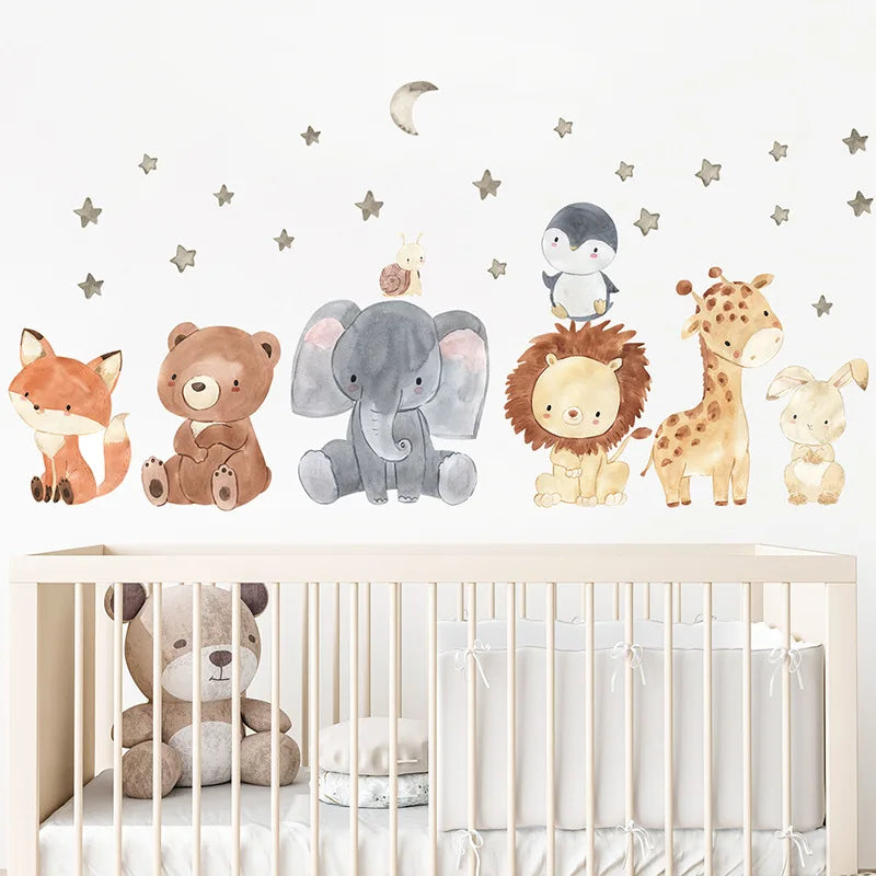 Cartoon Lovely Animals Wall Stickers For Kids Room Background Decor Wallpaper Baby Bedroom Home Decoration Self-adhesive Mural