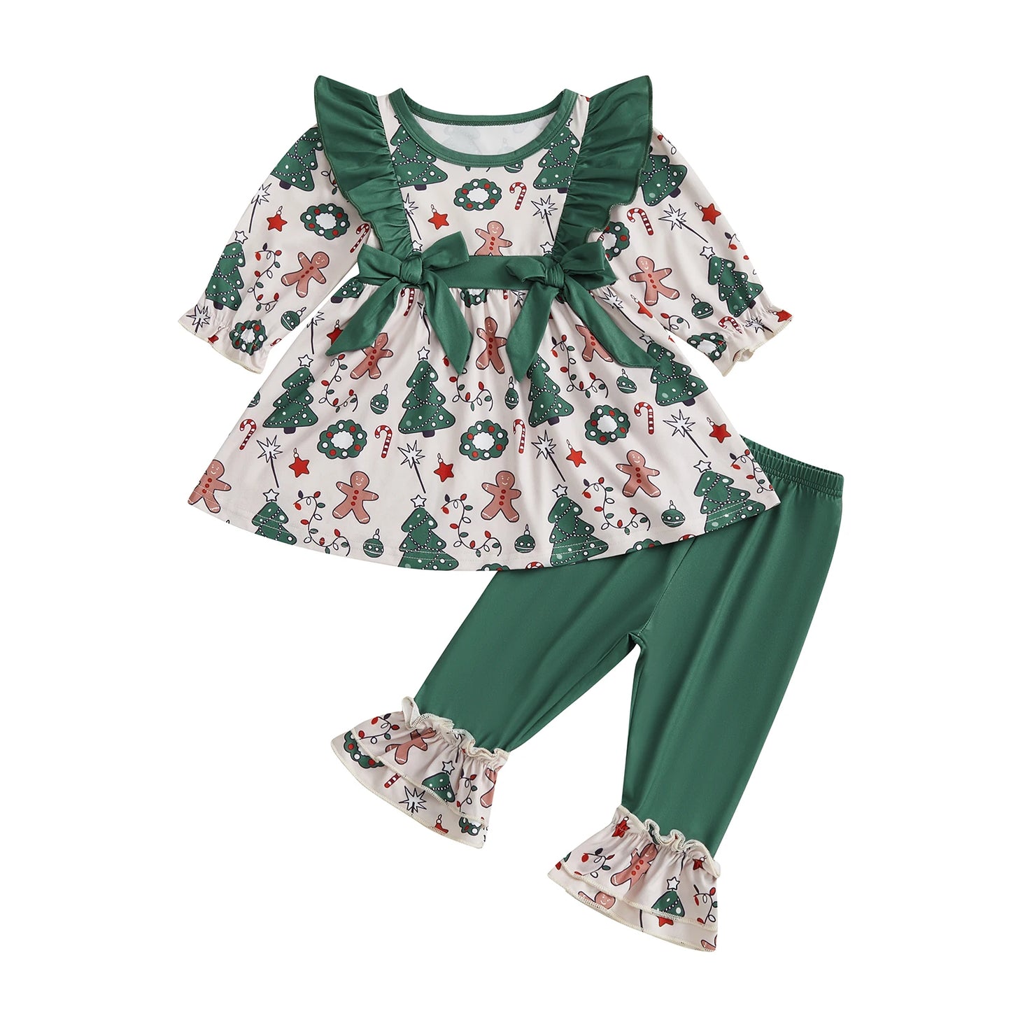 Kid Girls Christmas Outfit, Long Sleeve Tree Print