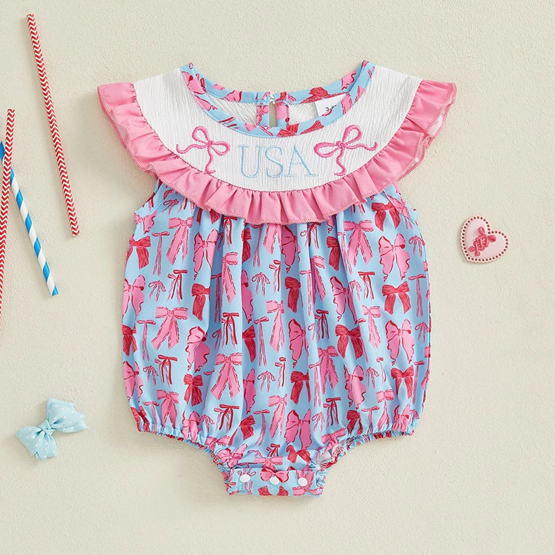 Adorable Infant American Flag Romper with Bow Detail and Flutter Sleeves for Baby Girl - Patriotic for Newborns and