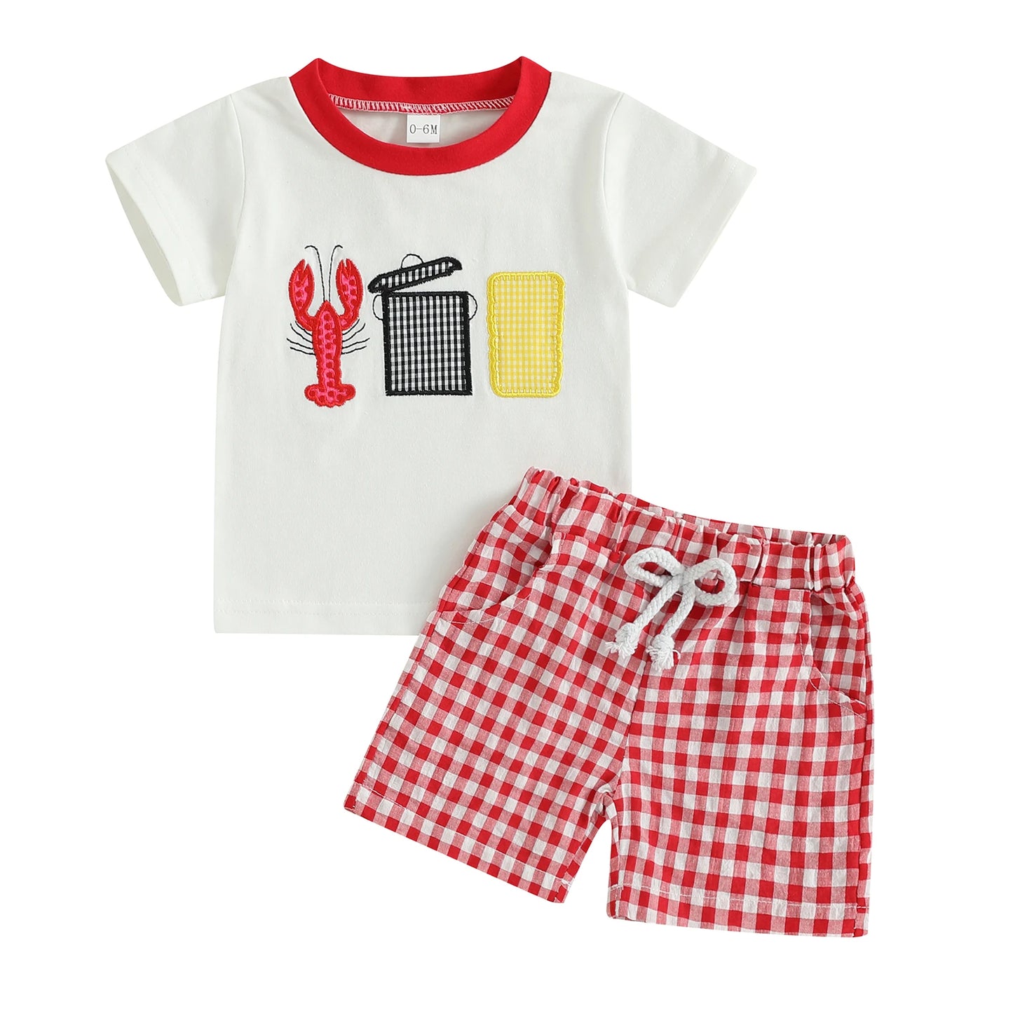 Adorable Infant Boy Beachwear Set with Cute Crab Applique Tee and Checkered Shorts for Sunny Days Outfits