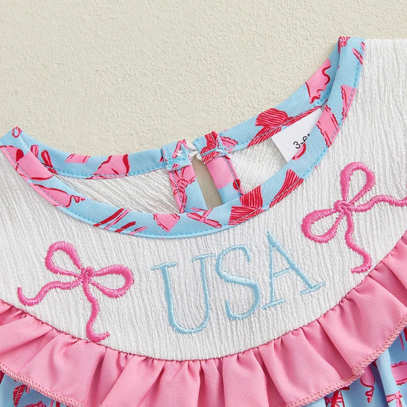Adorable Infant American Flag Romper with Bow Detail and Flutter Sleeves for Baby Girl - Patriotic for Newborns and