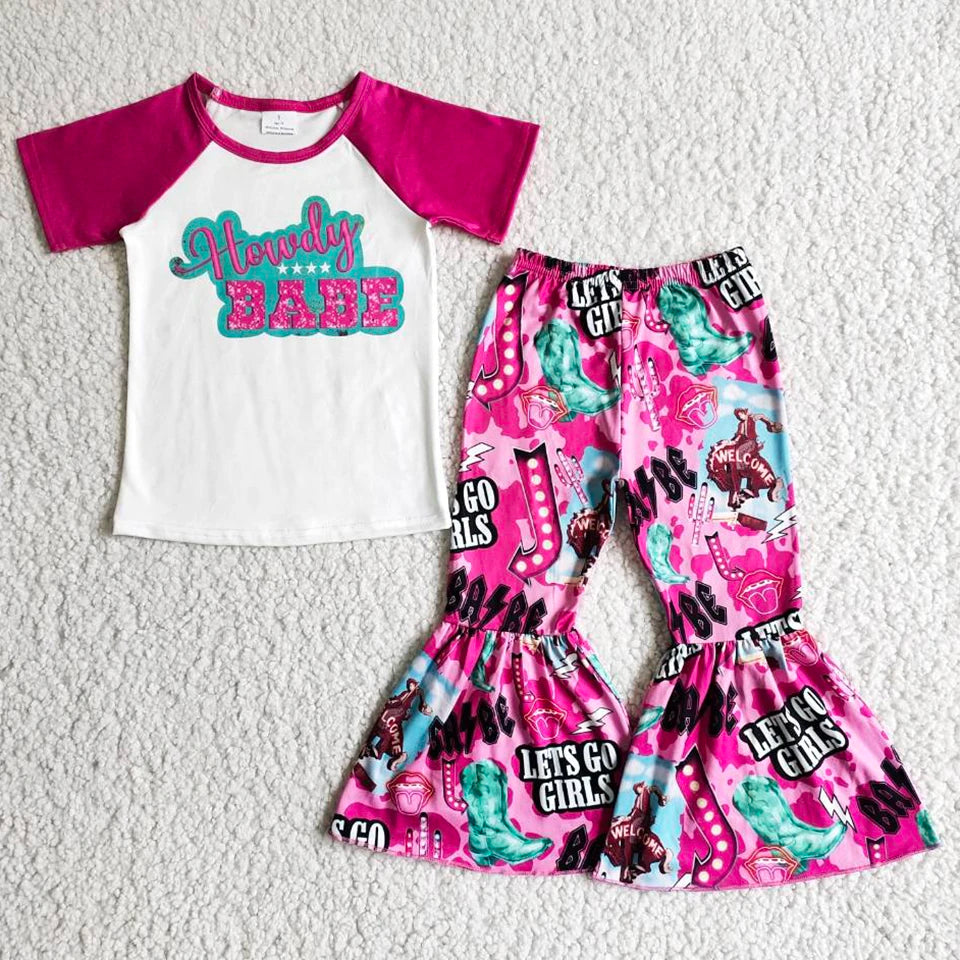 Hot Sale Baby Girls Clothes Short Sleeve Tops Bell Pants Sets Western Kids Clothes Fashion Toddler Girls Clothing Wholesale New
