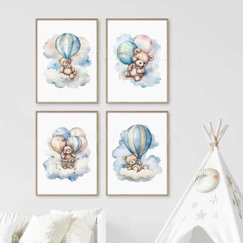 Cute Bear Hot Air Balloon Cloud Cartoon Animal Poster Nursery Set Wall Art Prints Canvas Painting Pictures Baby Kids Room Decor