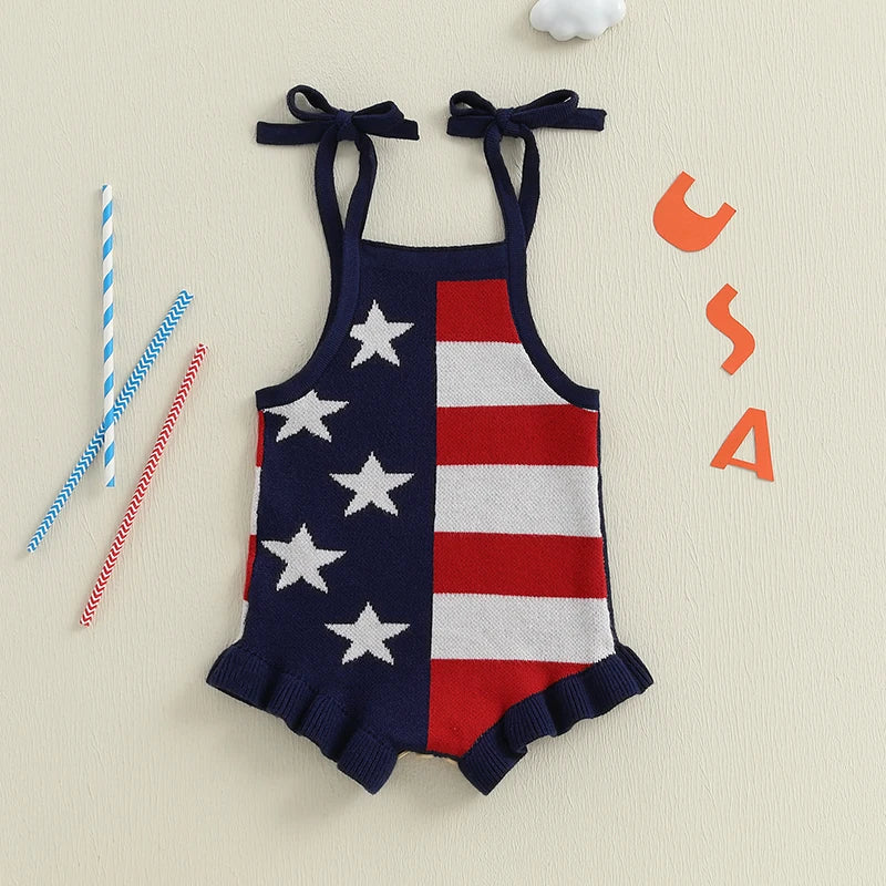 Independence Day Baby Girl Romper Red White Blue Stripe Star Print Tie Strap Square Neck Knit Jumpsuit Firework Theme Summer