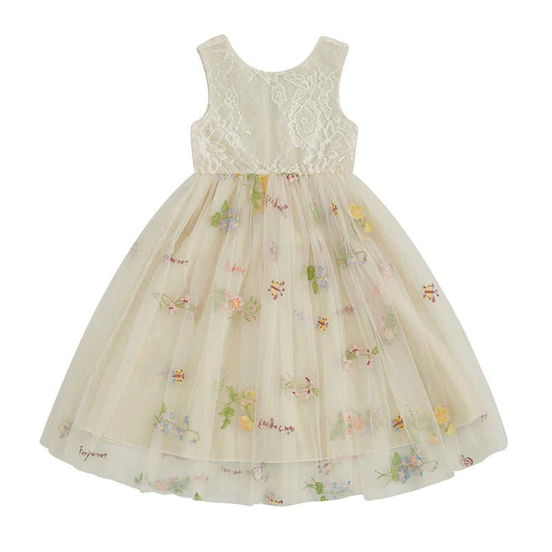 Kids Girl Sleeveless Round Neck Floral Embroidery Dress