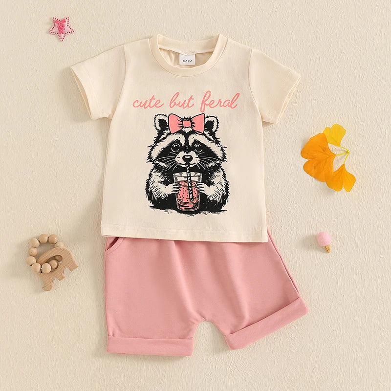 Toddler Girls Summer Outfit Raccoon Letter Print Short Sleeves