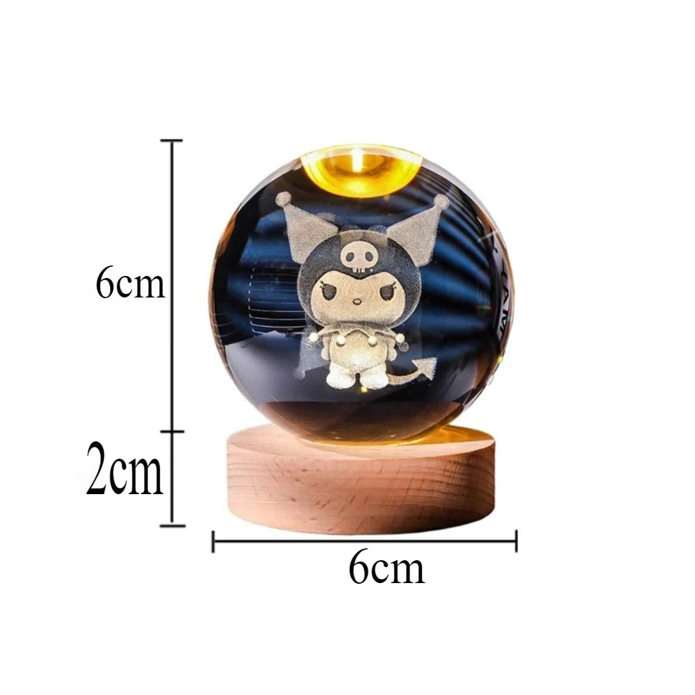 6CM 3D Crystal Ball Night Light Decoration Sanrio Kuromi Hello Kitty Children's Night Lamp Action Figure Glow Toy Birthday Gift
