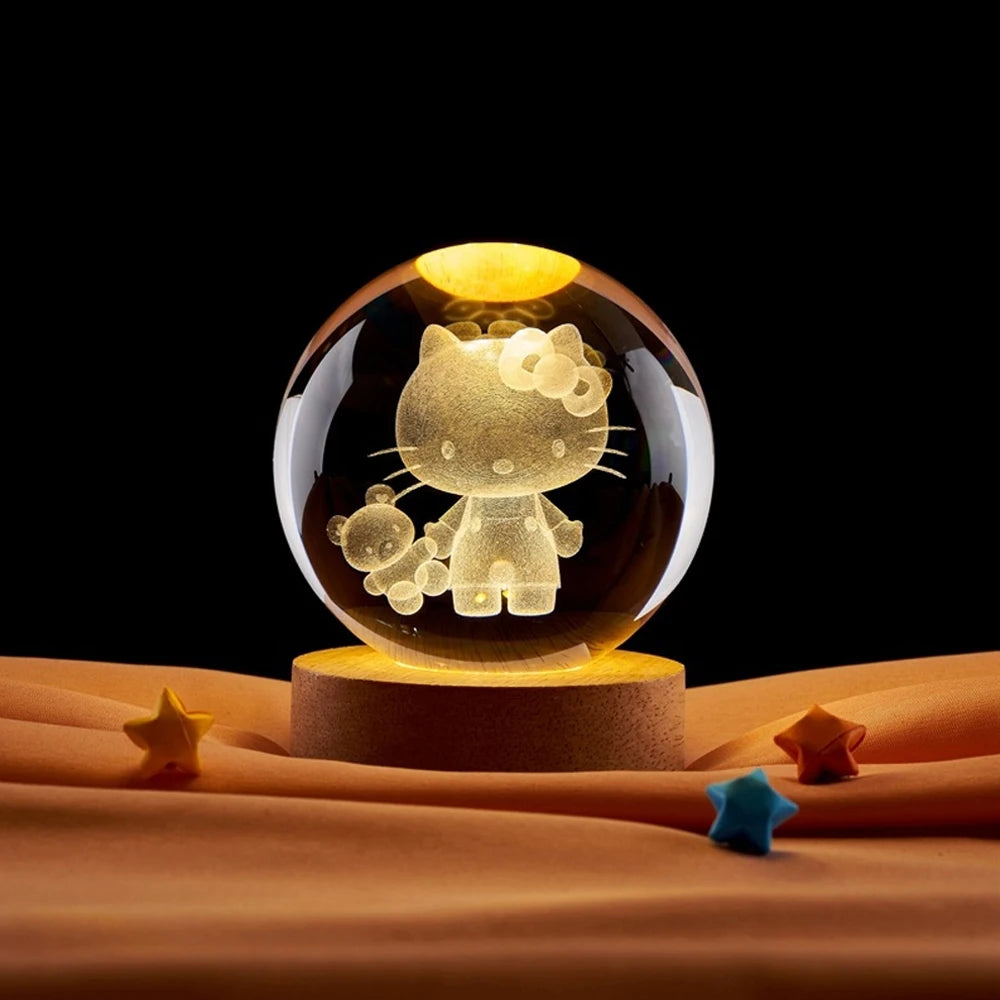 6CM 3D Crystal Ball Night Light Decoration Sanrio Kuromi Hello Kitty Children's Night Lamp Action Figure Glow Toy Birthday Gift