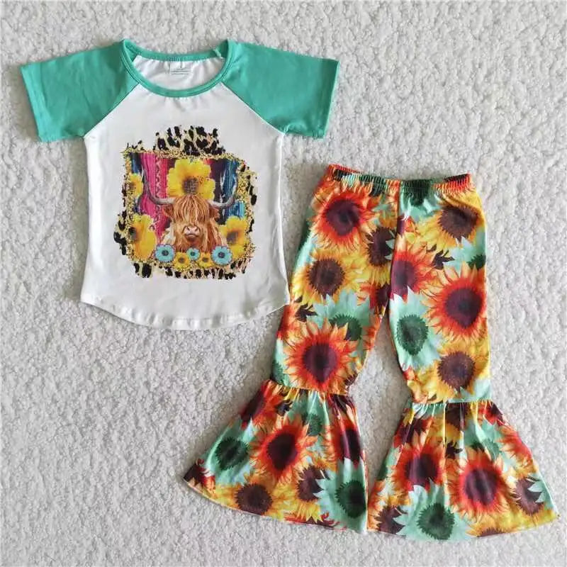 Hot Sale Baby Girls Clothes Short Sleeve Tops Bell Pants Sets Western Kids Clothes Fashion Toddler Girls Clothing Wholesale New