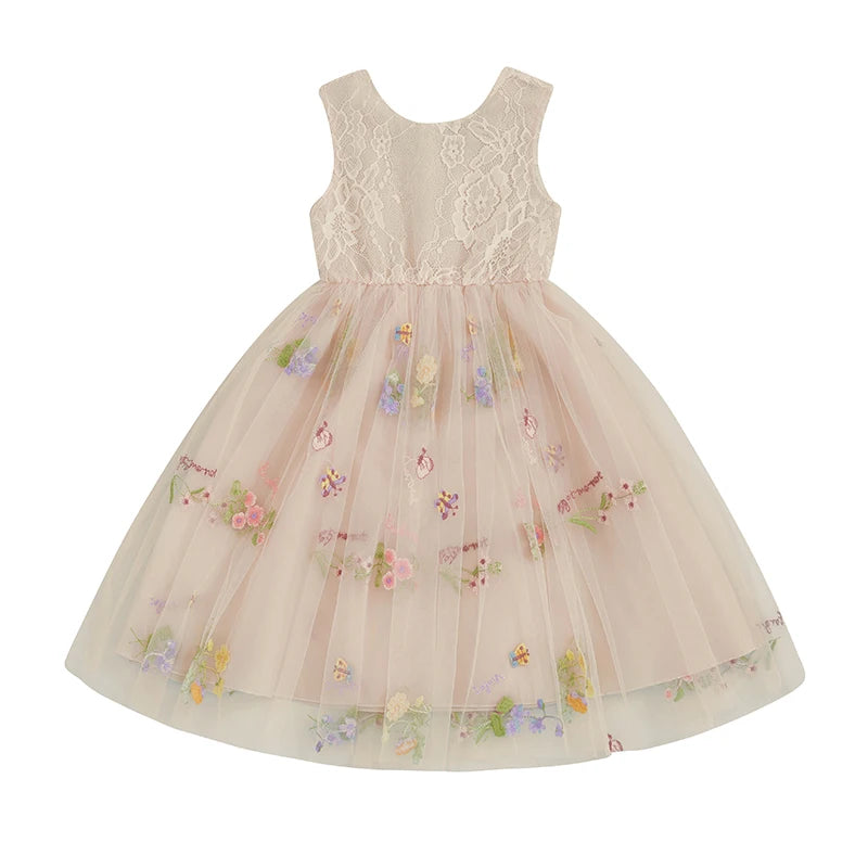 Kids Girl Sleeveless Round Neck Floral Embroidery Dress