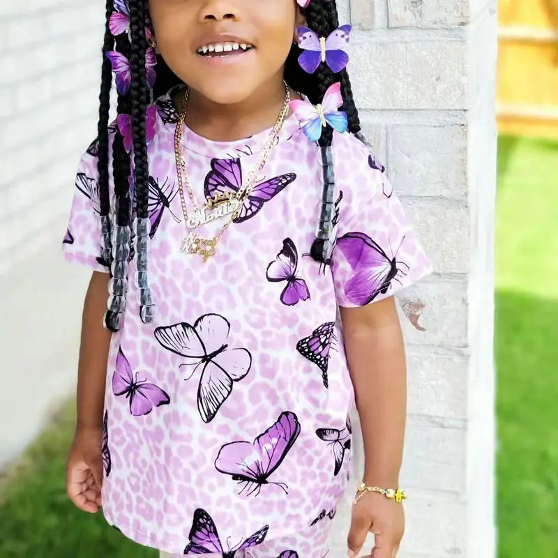 2025 Summer Two Pieces Baby Clothes Kids Girls Butterfly Clothing Sets Short Sleeve Pink T Shirt+Plaid Shorts Outfit 2 to 8Years
