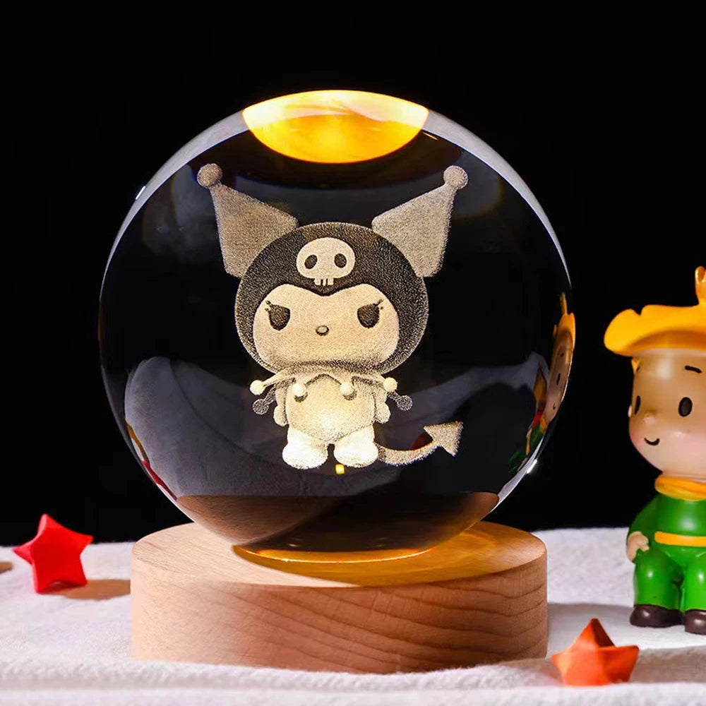 6CM 3D Crystal Ball Night Light Decoration Sanrio Kuromi Hello Kitty Children's Night Lamp Action Figure Glow Toy Birthday Gift