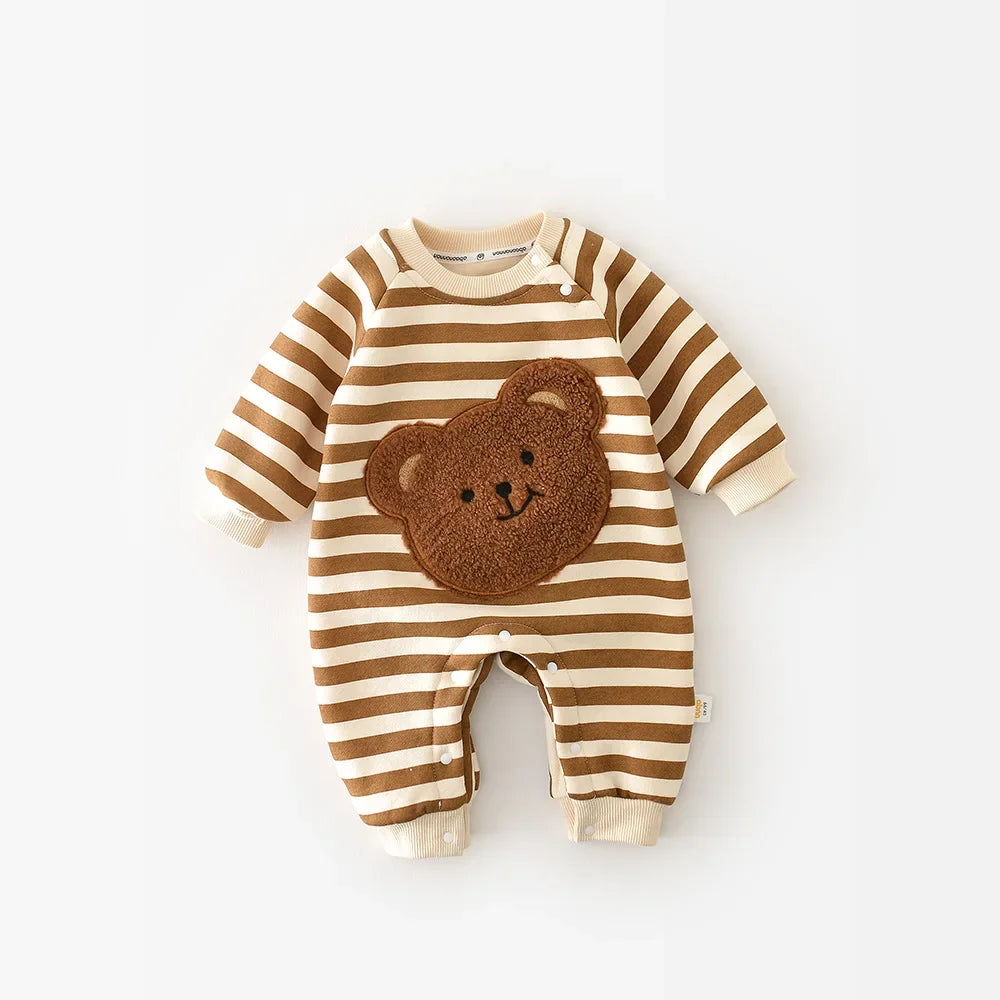 New Infant Baby Girl Striped Romper 0-2Y Boys Baby Newborn Items Cotton Thickened Jumpsuit 3D Bear Patch Autumn Winter Outfit