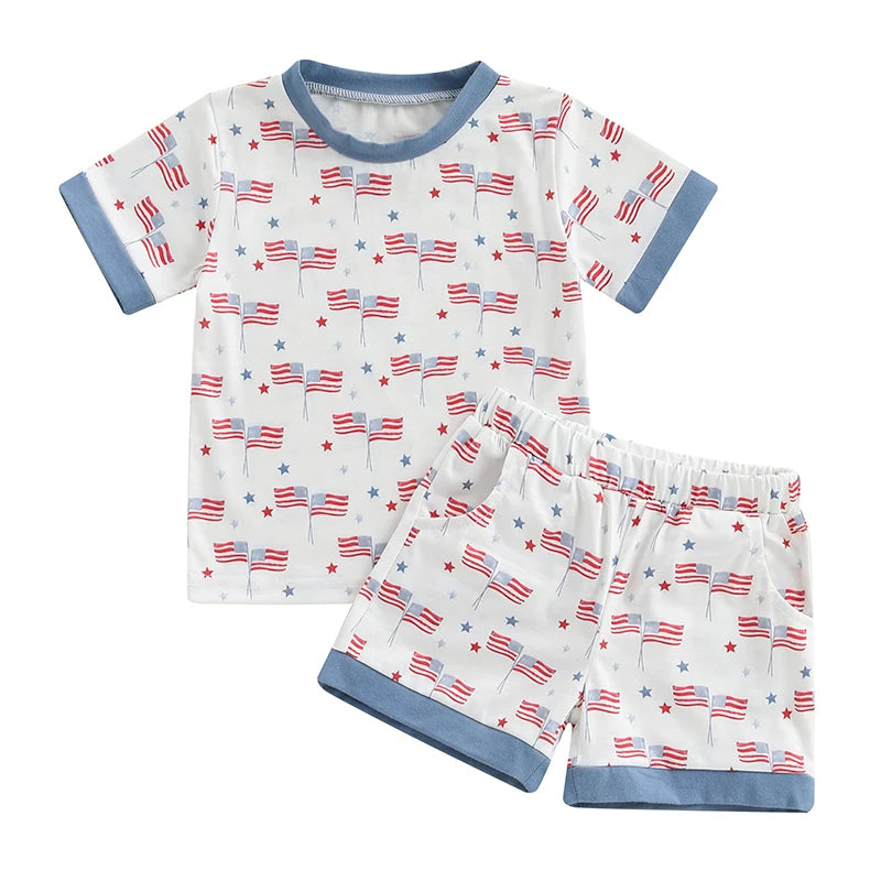 Infant Independence Day Apparel Set with Short Sleeve American Flag Print Tee and Pocket Shorts for Boys