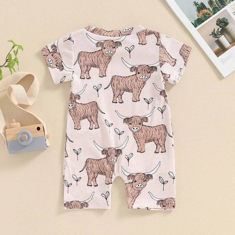 2024-03-19 Lioraitiin 0-18M Lovely Baby Boys Western Jumpsuit Short Sleeve Crew Neck Cow Head Print Summer Casual Romper