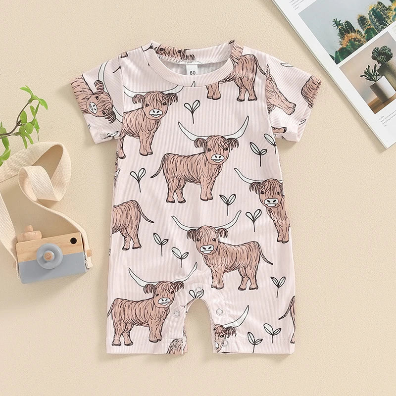2024-03-19 Lioraitiin 0-18M Lovely Baby Boys Western Jumpsuit Short Sleeve Crew Neck Cow Head Print Summer Casual Romper