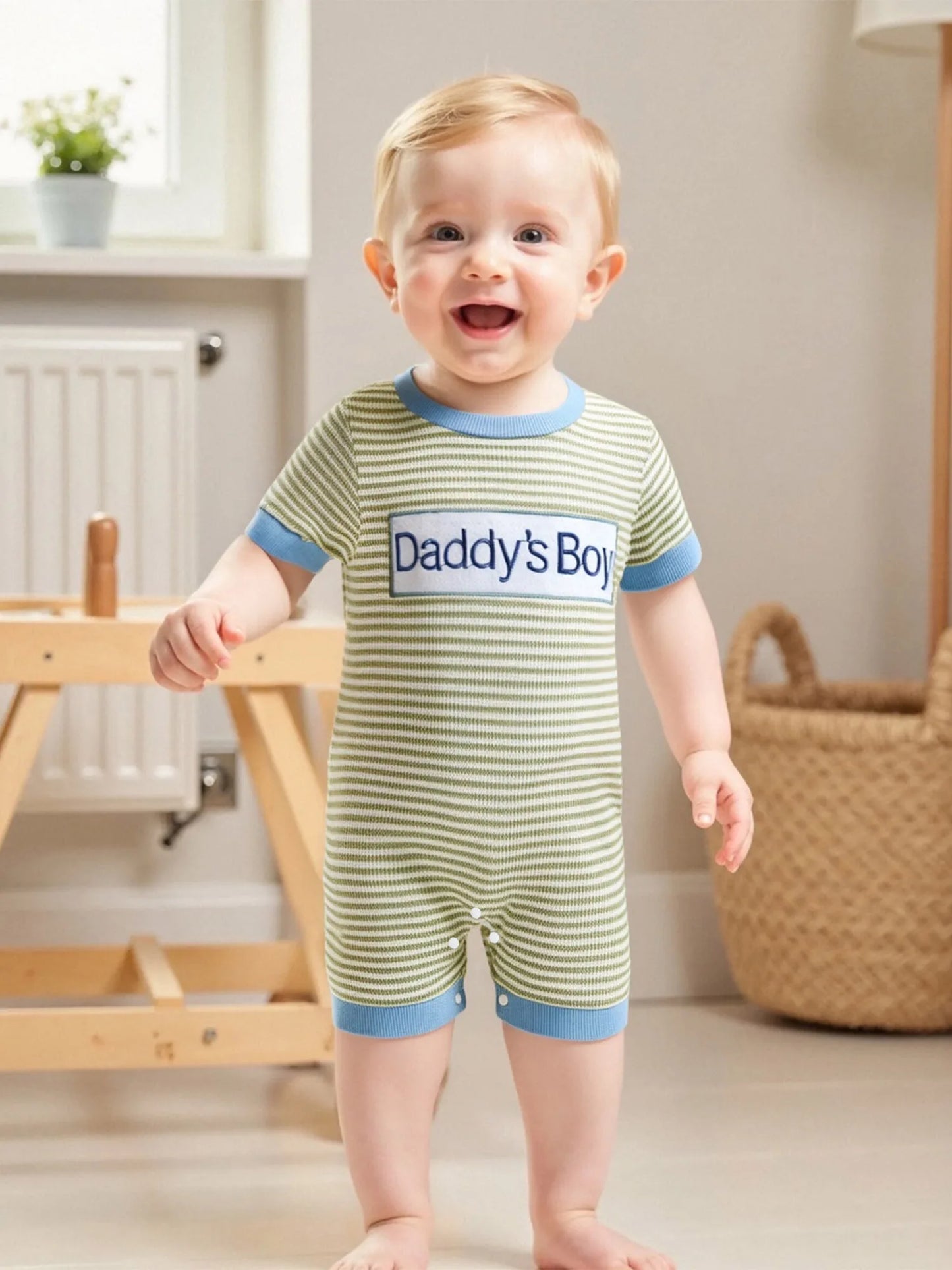 Father s Day Gift Adorable Baby Boy Romper with Letter Embroidery and Striped Design Perfect for Summer Outings and Daily Wear