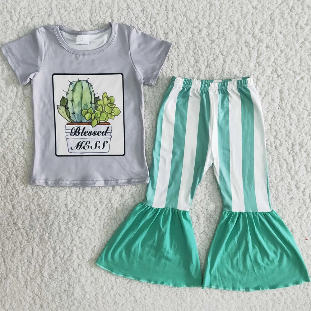 Hot Sale Baby Girls Clothes Short Sleeve Tops Bell Pants Sets Western Kids Clothes Fashion Toddler Girls Clothing Wholesale New