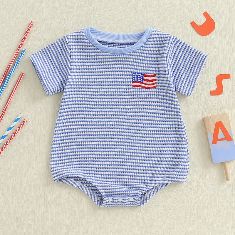 Infant Boys American Flag Romper Short Sleeve Jumpsuit with Patriotic Embroidery and Striped Print for Newborns - Adorable