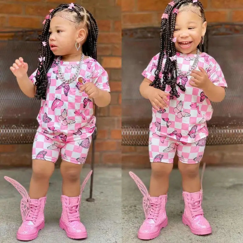2025 Summer Two Pieces Baby Clothes Kids Girls Butterfly Clothing Sets Short Sleeve Pink T Shirt+Plaid Shorts Outfit 2 to 8Years