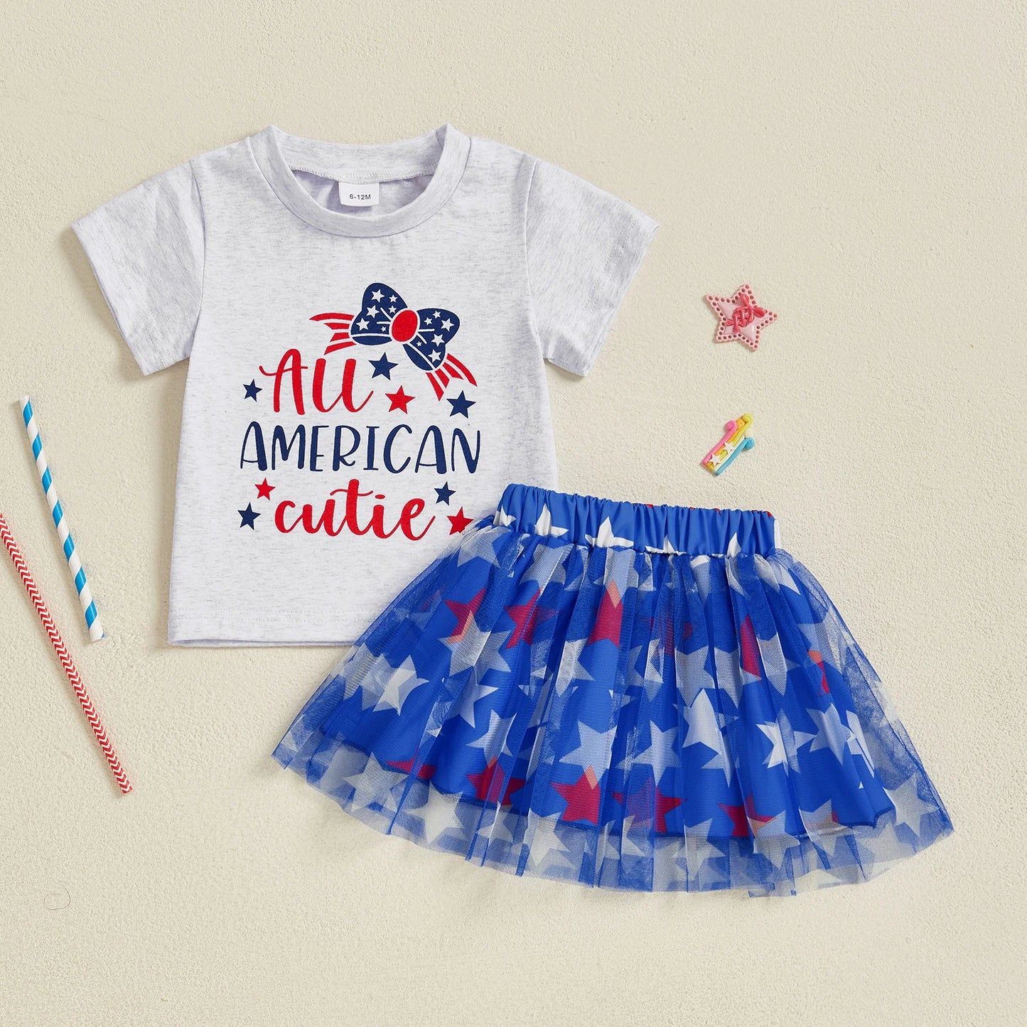 Kids Girls 4th of July Skirt Outfits Short Sleeve
