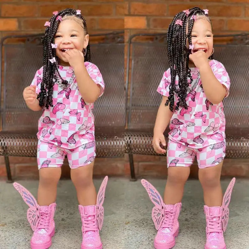 2025 Summer Two Pieces Baby Clothes Kids Girls Butterfly Clothing Sets Short Sleeve Pink T Shirt+Plaid Shorts Outfit 2 to 8Years