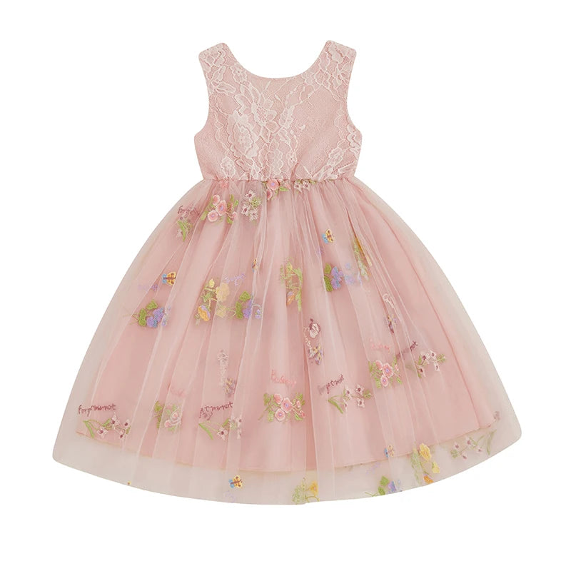 Kids Girl Sleeveless Round Neck Floral Embroidery Dress