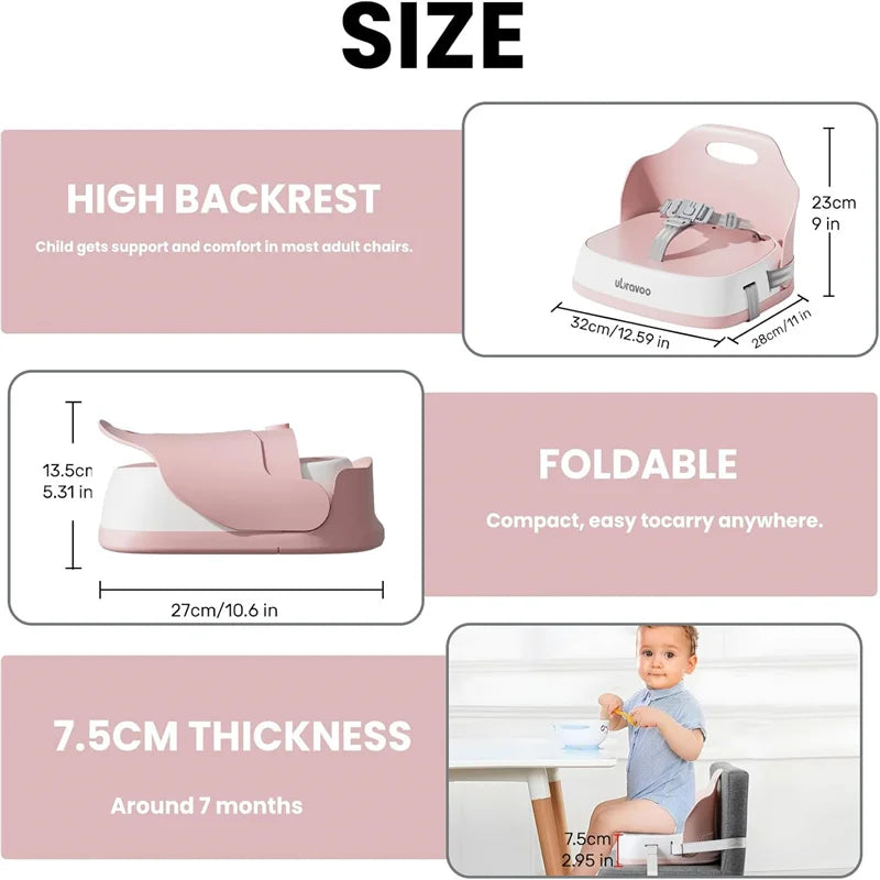 Portable Children's Booster Seat for Dining - Travel High Chair with 3-Point Harness