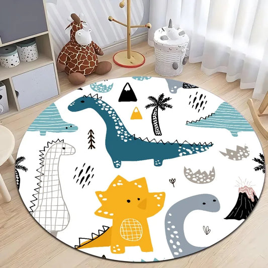 Cute Dinosaur Cartoon Round Rug, Soft Chenille Non-Slip Floor Mat for Kids Room