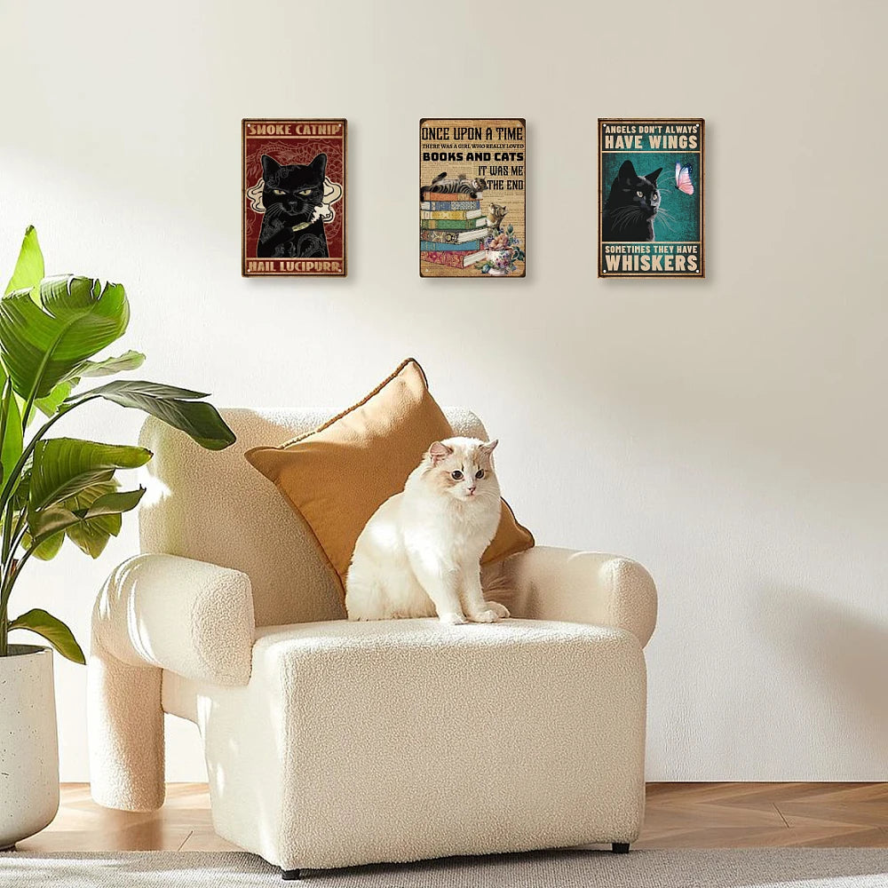 SUPERDNAT Cat Books Metal Tin Sign Vintage Girl's Room Bedroom Tin Painting Retro Plaque Wall Art Poster Old Fashion Aluminum