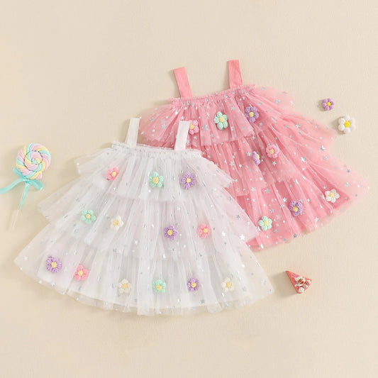Kids Girls Dress Flower Decor Sequins Star Sleeveless Layered Casual Dress