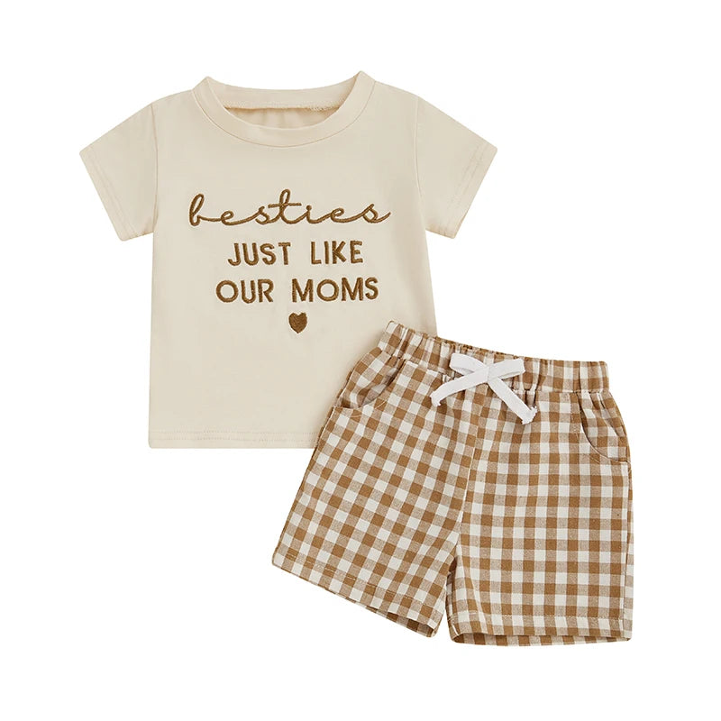 Kids Girls Summer 2 Piece Outfits Short Sleeve Letter Embroidery Tops Drawstring Plaid Shorts Sets
