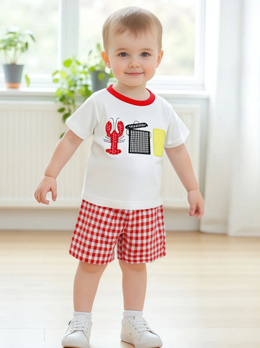 Adorable Infant Boy Beachwear Set with Cute Crab Applique Tee and Checkered Shorts for Sunny Days Outfits