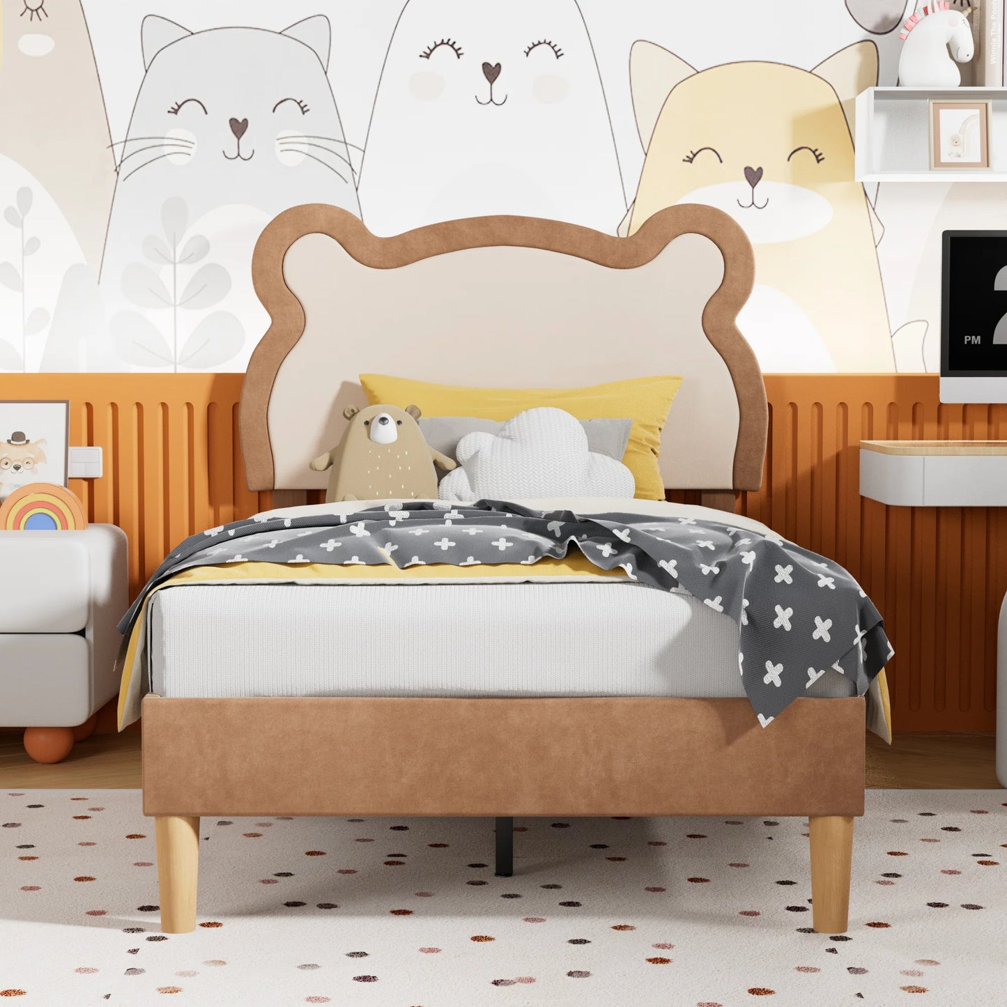 Twin Kids Upholstered Bed Frame with LED Cute Bear Ear Platform Bed