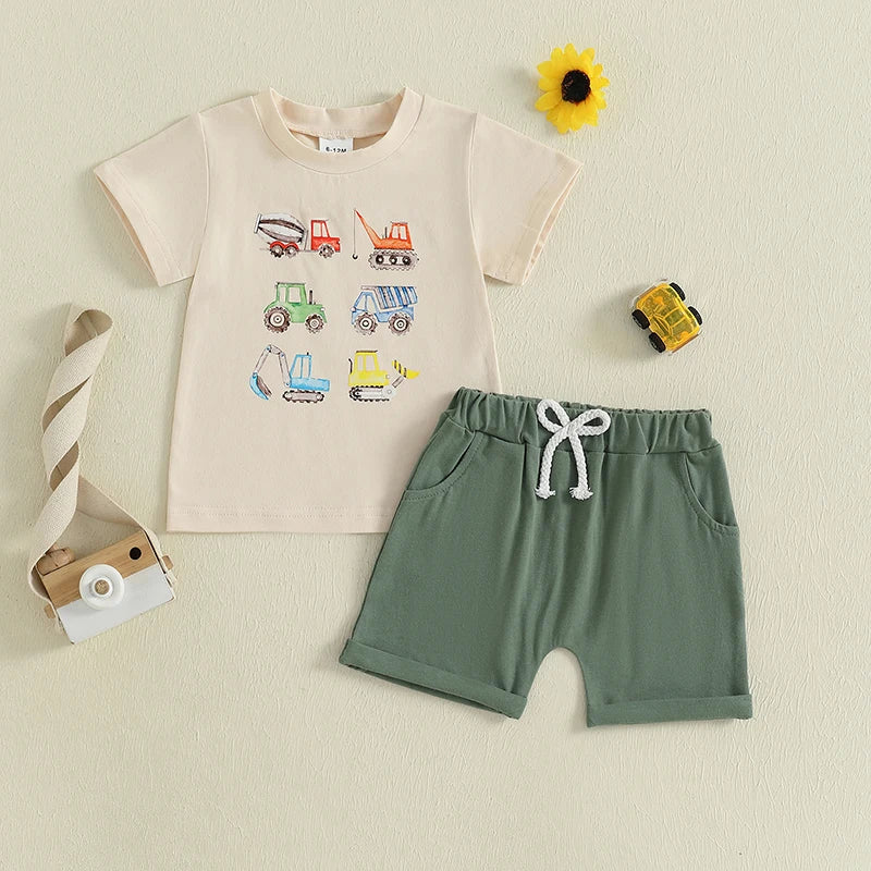 Boys Summer Outfits Dinosaur Print Short Sleeve T-Shirts Elastic Waist Shorts 2Pcs Clothes Set for Toddlers