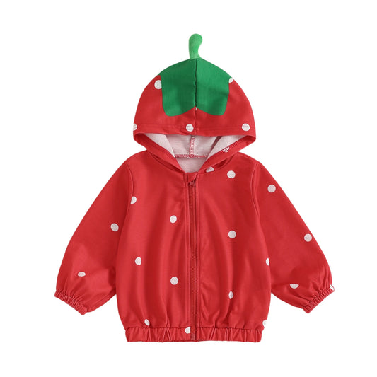 Autumn Little Girls Hooded Coat Red Long Sleeve Zip Up Strawberry Jackets