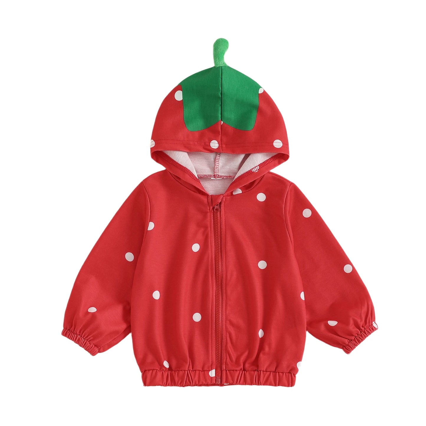 Autumn Little Girls Hooded Coat Red Long Sleeve Zip Up Strawberry Jackets