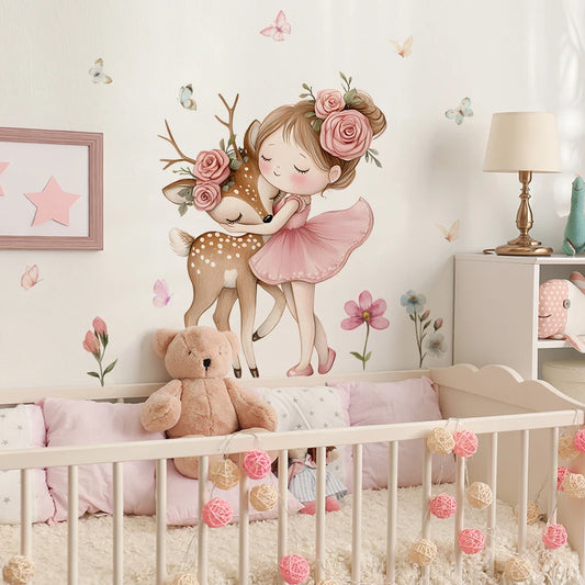 Cartoon Girl With Deer Wall Decal Woodland Animal Bedroom Decor Waterproof Peel-Stick Home Art For Playroom Wall Art Decals