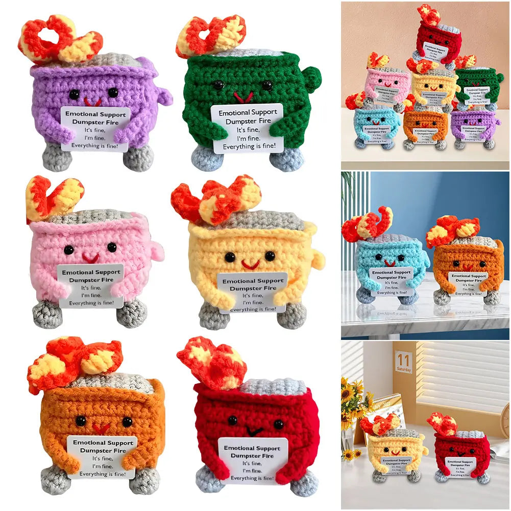 Cute Emotional Support Crochet Dumpster Fire Home Room Decor Funny Dumpster Handmade Knitting Doll Toy Ornament Christmas Gift