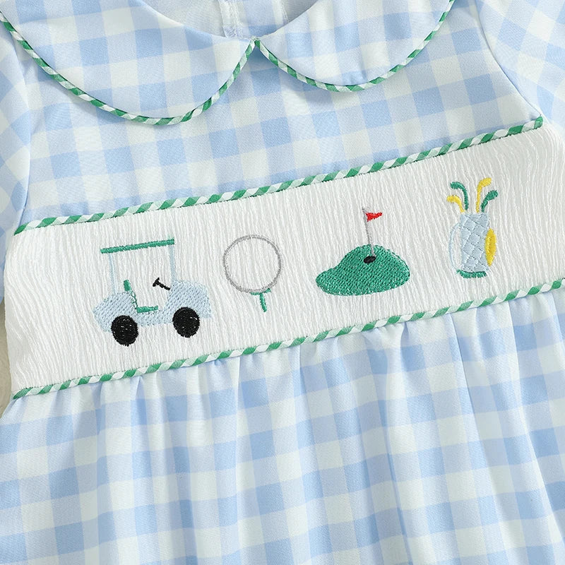 Toddler Boy Casual Romper with Cute Animal Embroidery and Short Sleeves Stylish Collar Plaid Jumpsuit for Summer Outfits