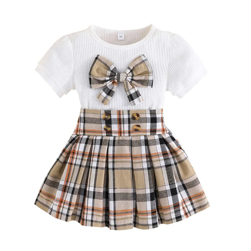 Summer Girl Clothes Short Sleeve Plaid Pleated Skirt