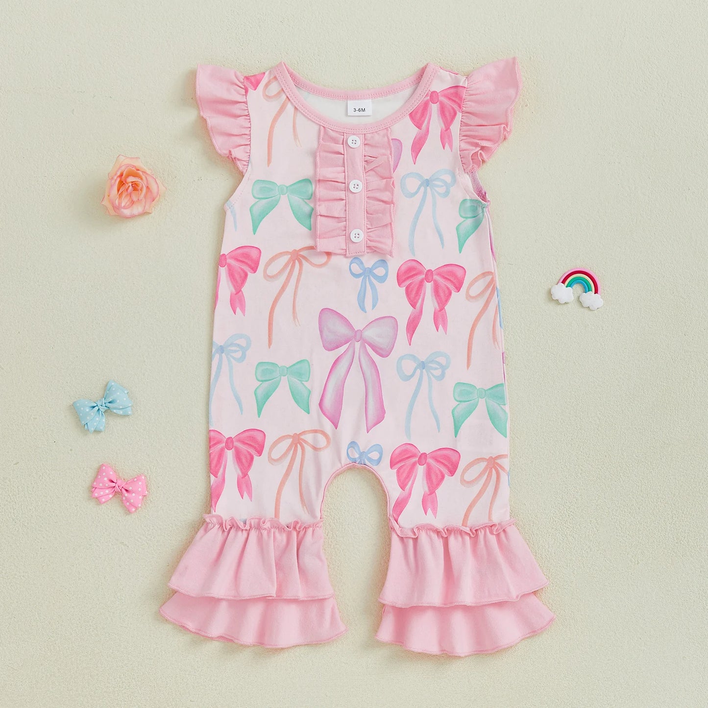 Baby Girls Jumpsuit Fly Sleeve Crew Neck Bow Print Summer Casual Romper Clothes